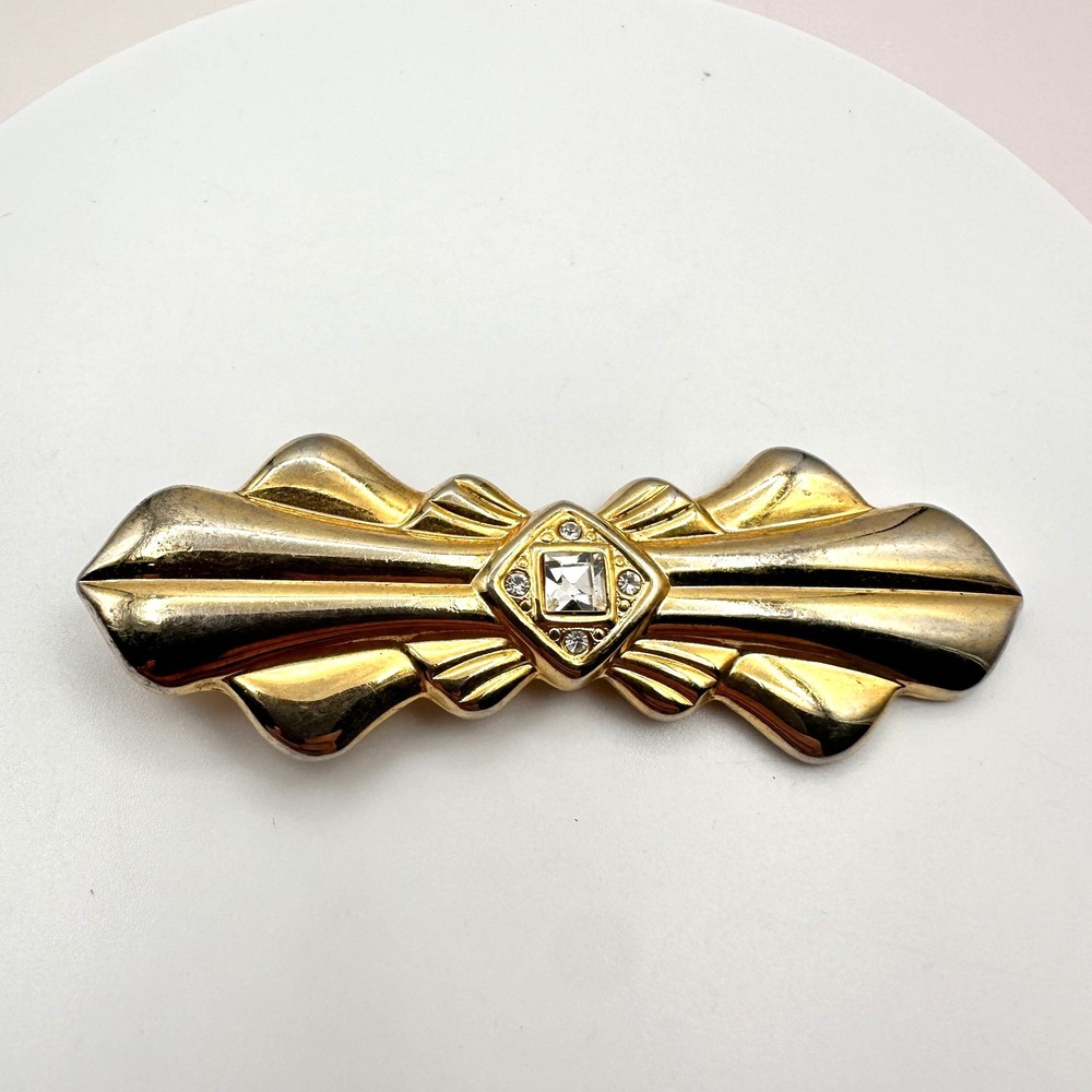 Vintage Rhinestone Bar Brooch Gold Tone Clear Crystal Statement Elegant Pin 90s